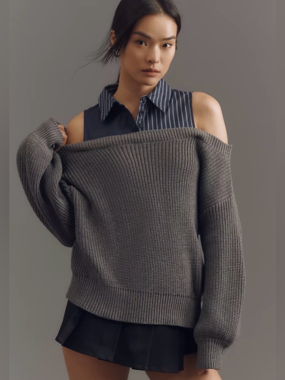 NWT En Saison Anthro Sweater - Collared, Gray, Navy, Mixed Media NWT
